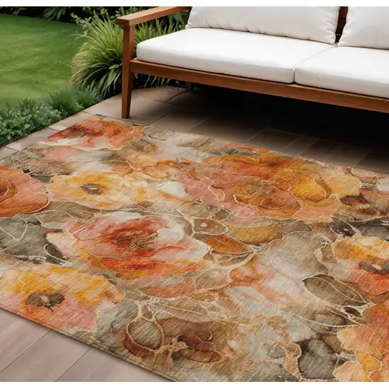 Orange And Gray Floral Washable Indoor Outdoor Area Rug Photo 2