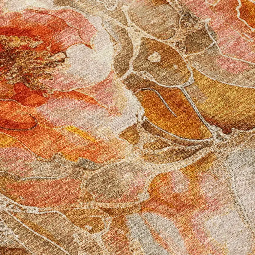 Orange And Gray Floral Washable Indoor Outdoor Area Rug Photo 1