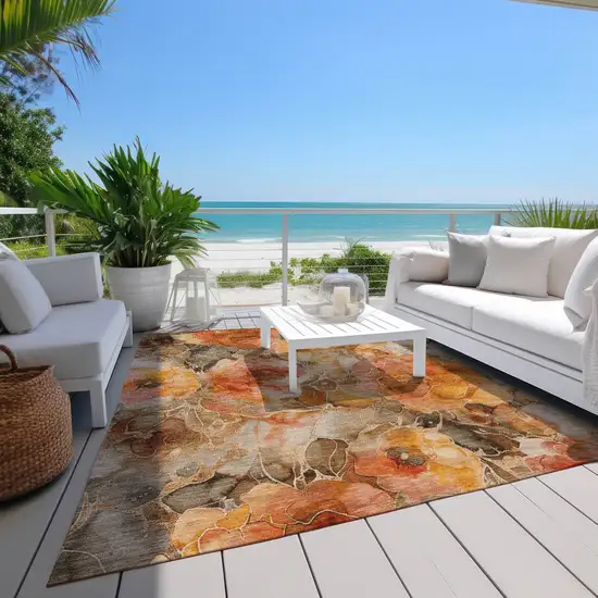 Orange And Gray Floral Washable Indoor Outdoor Area Rug Photo 8