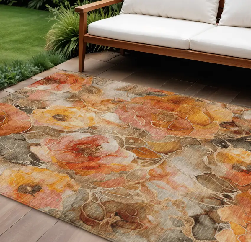 Orange And Gray Floral Washable Indoor Outdoor Area Rug Photo 2