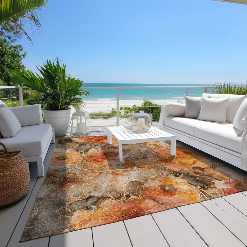 Orange And Gray Floral Washable Indoor Outdoor Area Rug Photo 7