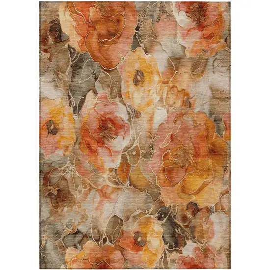 Orange And Gray Floral Washable Indoor Outdoor Area Rug Photo 8