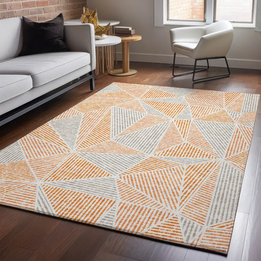 Orange And Gray Geometric Washable Area Rug With UV Protection Photo 5