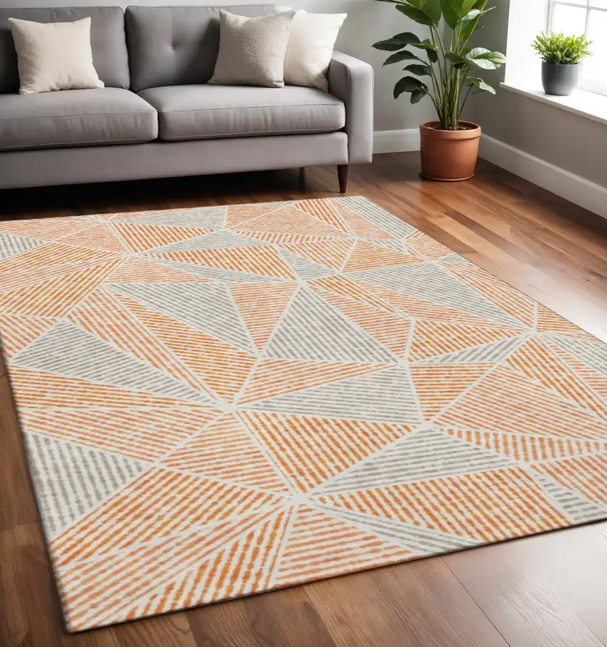 Orange And Gray Geometric Washable Area Rug With UV Protection Photo 2