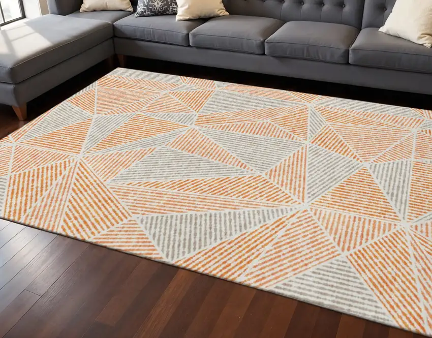 Orange And Gray Geometric Washable Area Rug With UV Protection Photo 2