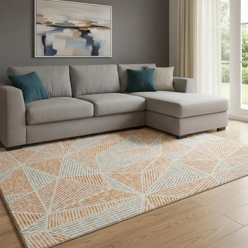 Orange And Gray Geometric Washable Area Rug With UV Protection Photo 1