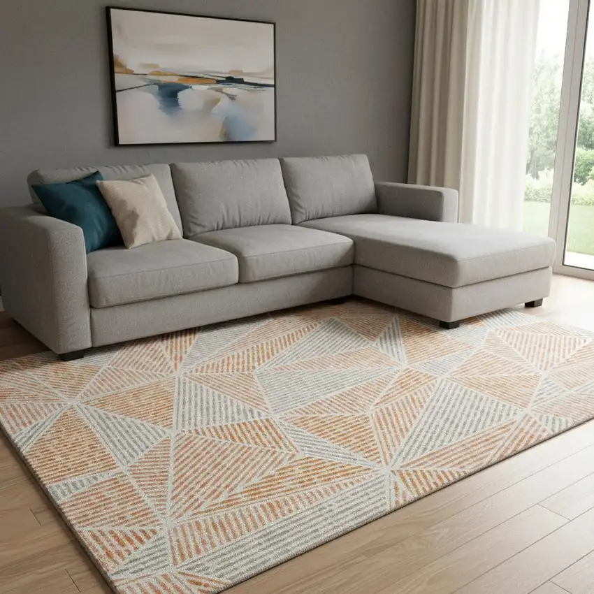 Orange And Gray Geometric Washable Area Rug With UV Protection Photo 1