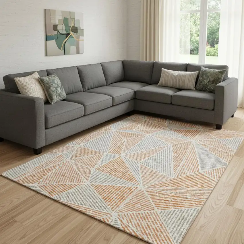 Orange And Gray Geometric Washable Area Rug With UV Protection Photo 1