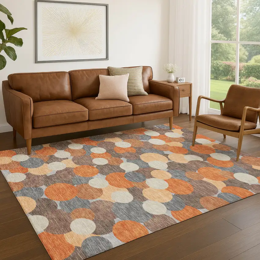 Orange And Gray Geometric Washable Indoor Outdoor Area Rug Photo 5