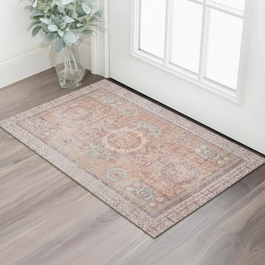 Orange And Gray Oriental Washable Area Rug With UV Protection Photo 2