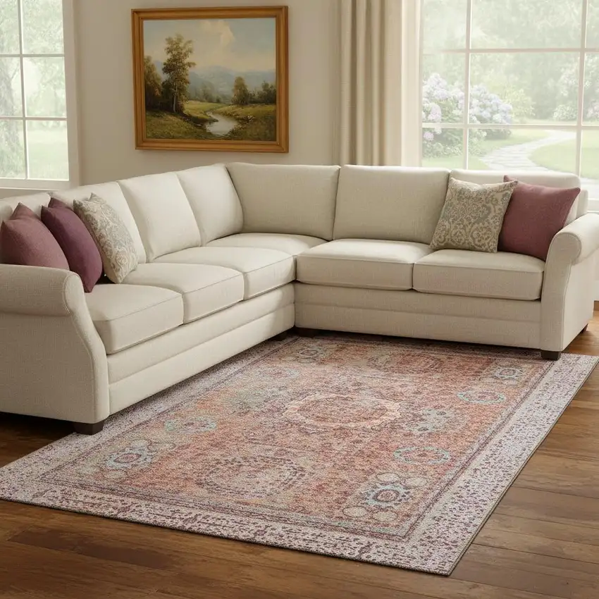 Orange And Gray Oriental Washable Area Rug With UV Protection Photo 2