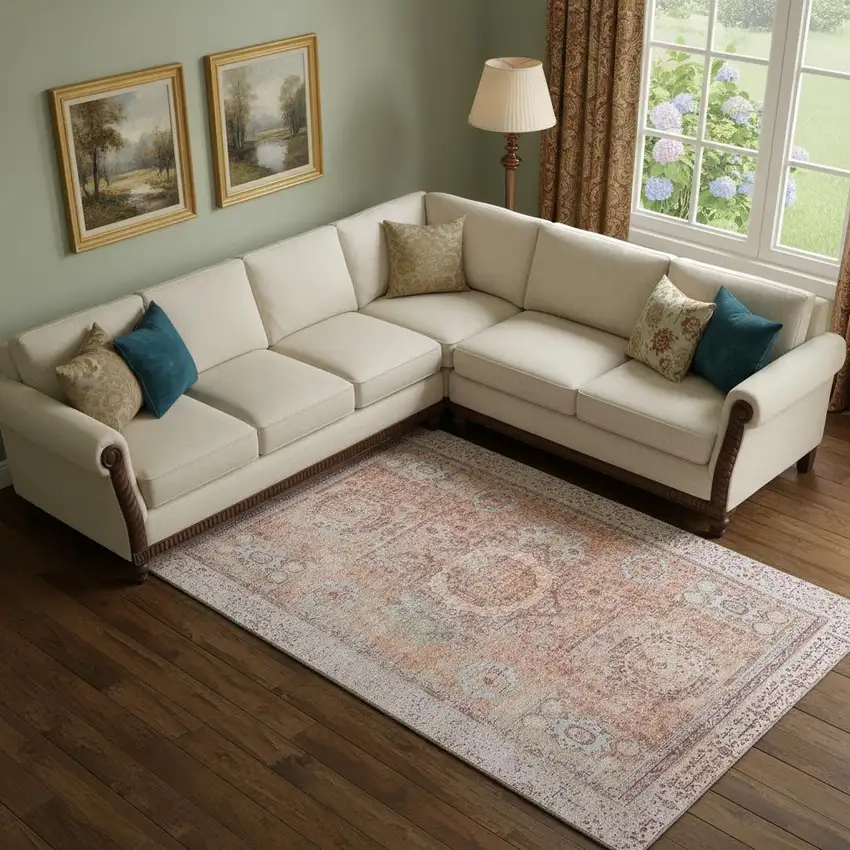 Orange And Gray Oriental Washable Area Rug With UV Protection Photo 2