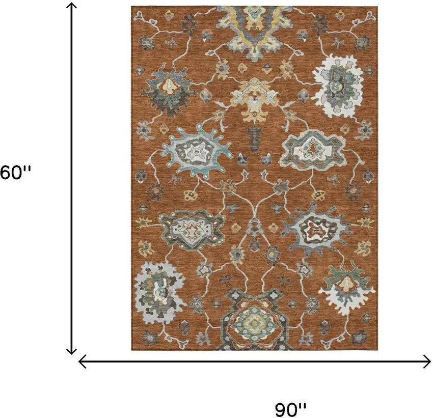 Orange And Gray Oriental Washable Indoor Outdoor Area Rug Photo 6