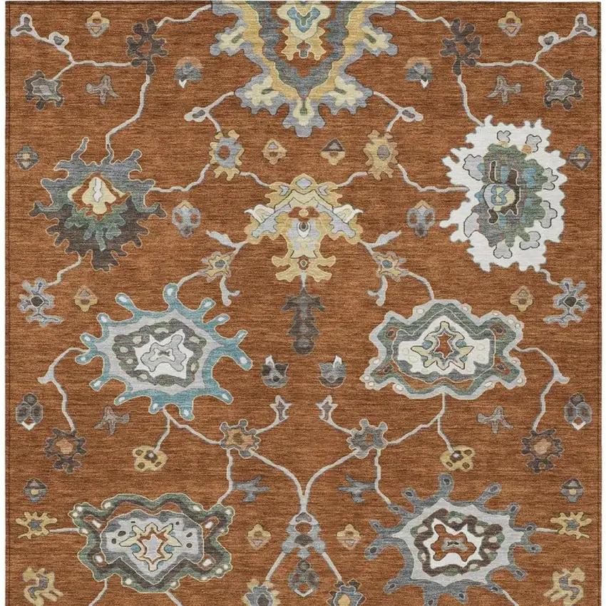 Orange And Gray Oriental Washable Indoor Outdoor Area Rug Photo 2