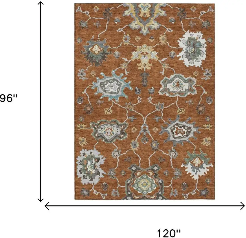 Orange And Gray Oriental Washable Indoor Outdoor Area Rug Photo 6