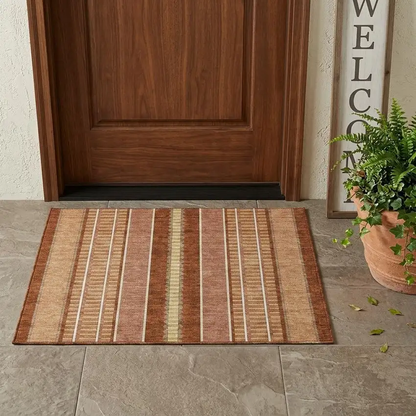 Orange And Gray Striped Washable Indoor Outdoor Area Rug Photo 1