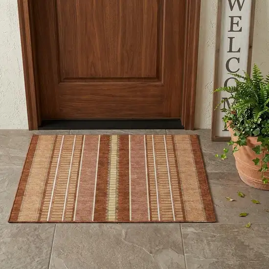 Orange And Gray Striped Washable Indoor Outdoor Area Rug Photo 1