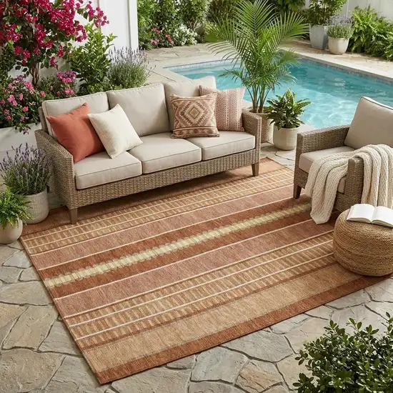 Orange And Gray Striped Washable Indoor Outdoor Area Rug Photo 1