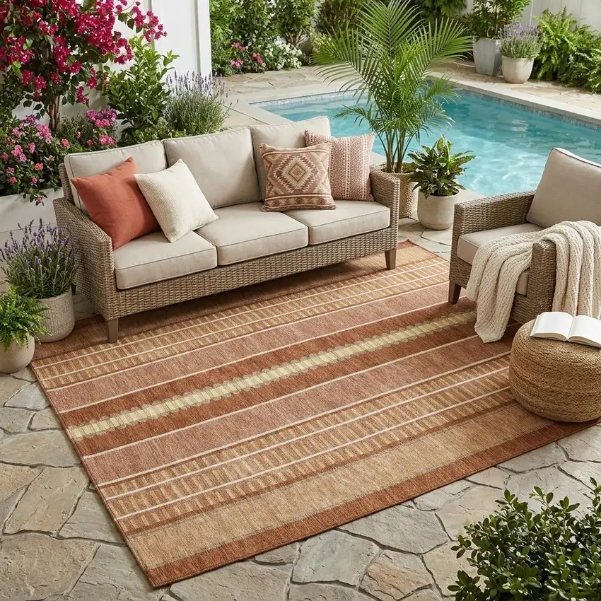 Orange And Gray Striped Washable Indoor Outdoor Area Rug Photo 1