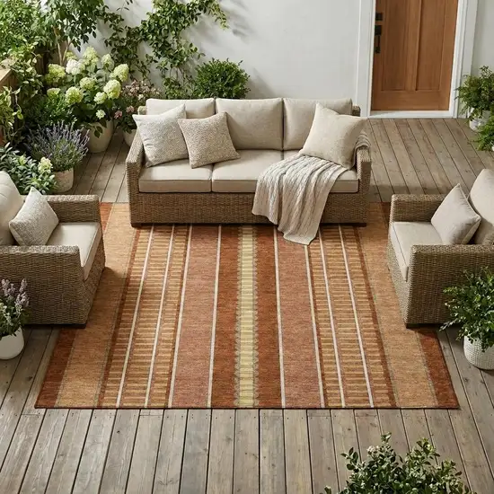 Orange And Gray Striped Washable Indoor Outdoor Area Rug Photo 1