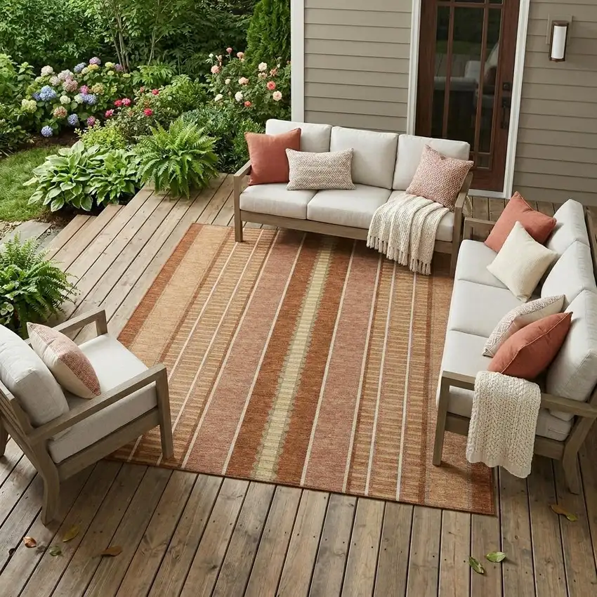Orange And Gray Striped Washable Indoor Outdoor Area Rug Photo 1