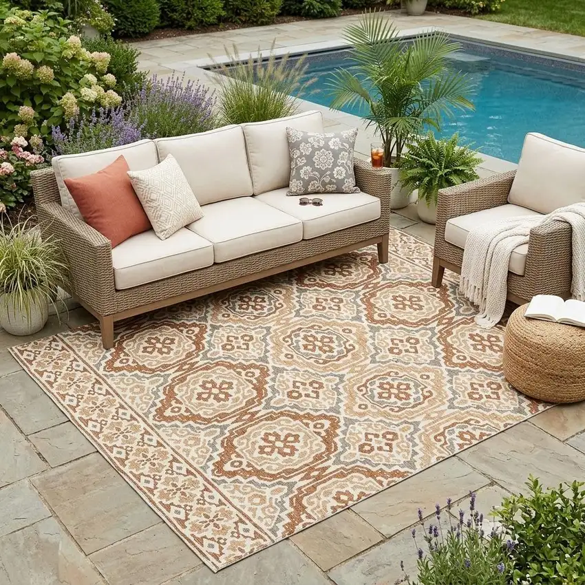 Orange And Gray Tribal Washable Indoor Outdoor Area Rug Photo 1