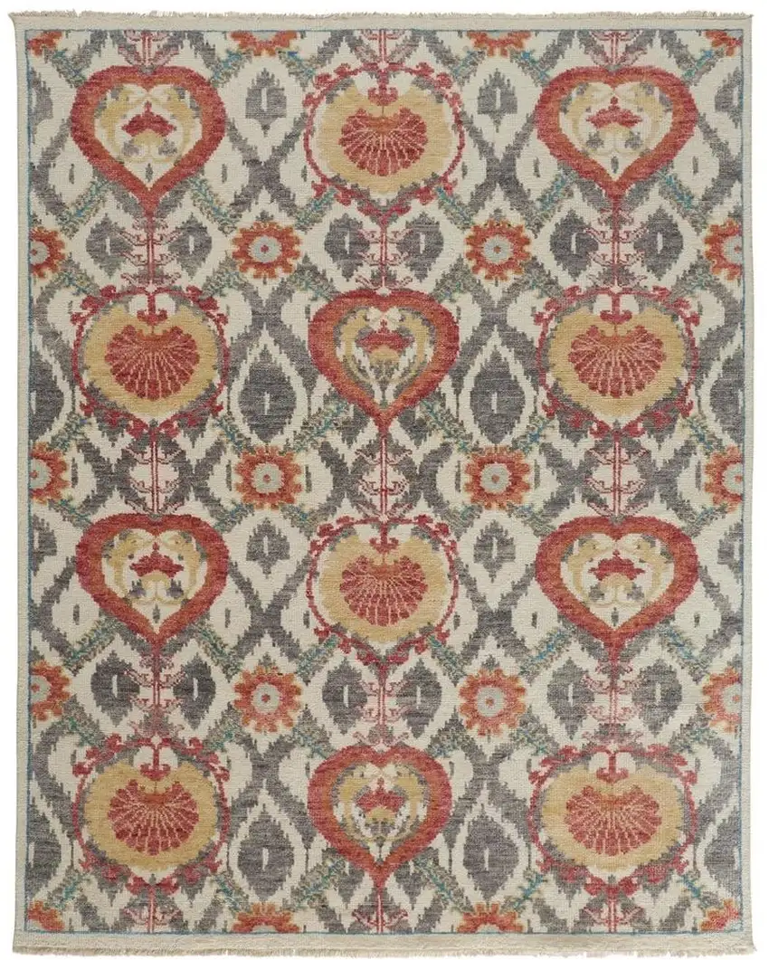 Orange and Ivory Wool Floral Hand Knotted Area Rug Photo 2