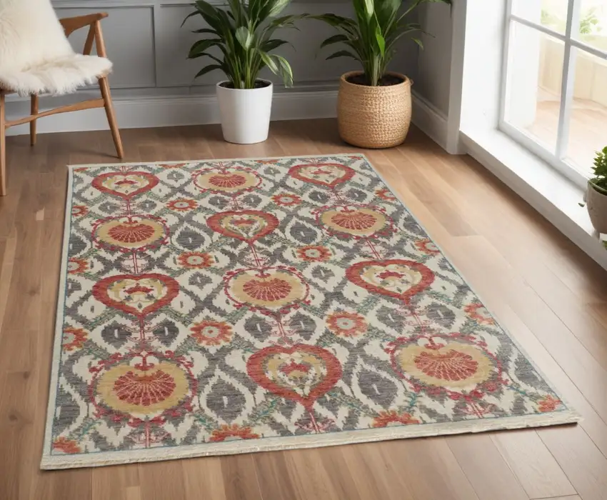 Orange and Ivory Wool Floral Hand Knotted Area Rug Photo 1