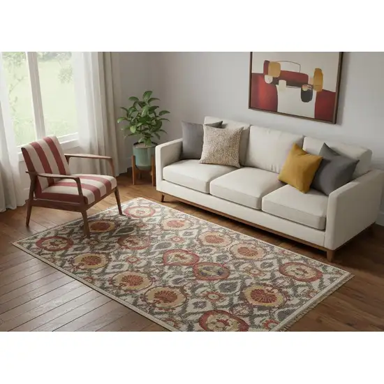 Orange And Gray Wool Floral Hand Knotted Stain Resistant Area Rug Photo 1