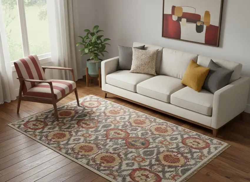 Orange And Gray Wool Floral Hand Knotted Stain Resistant Area Rug Photo 1