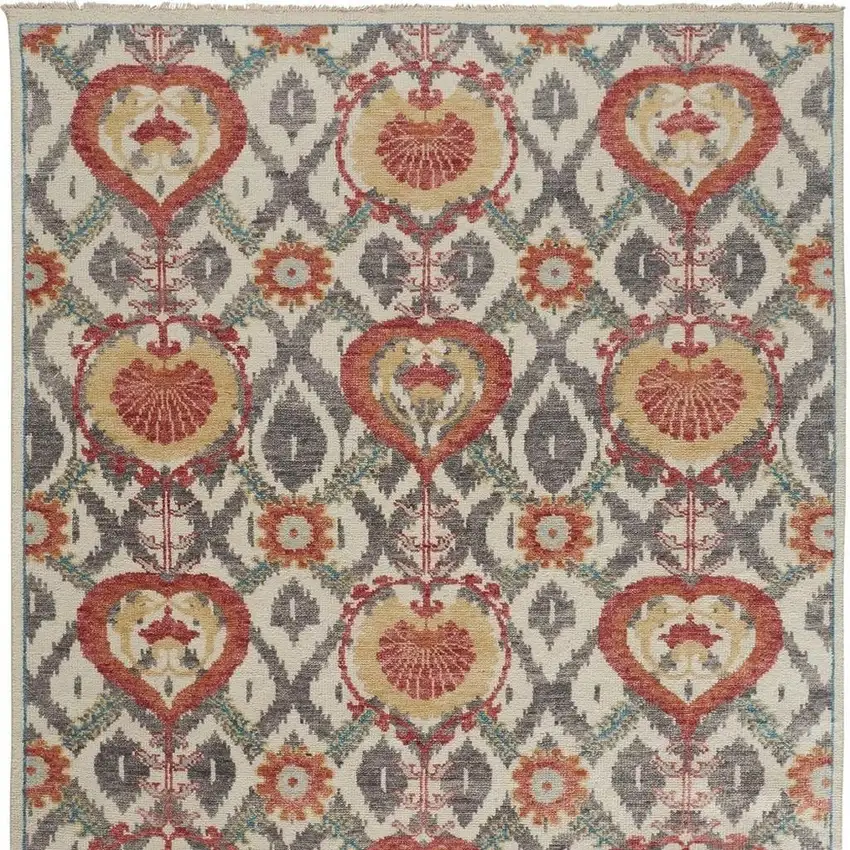 Orange And Gray Wool Floral Hand Knotted Stain Resistant Area Rug Photo 4