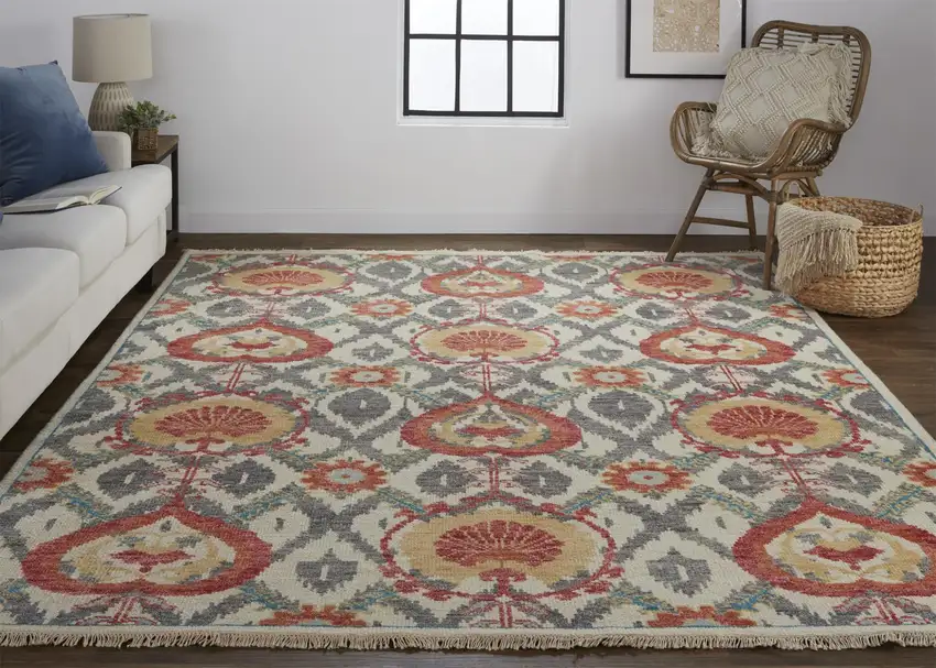 Orange And Gray Wool Floral Hand Knotted Stain Resistant Area Rug Photo 6