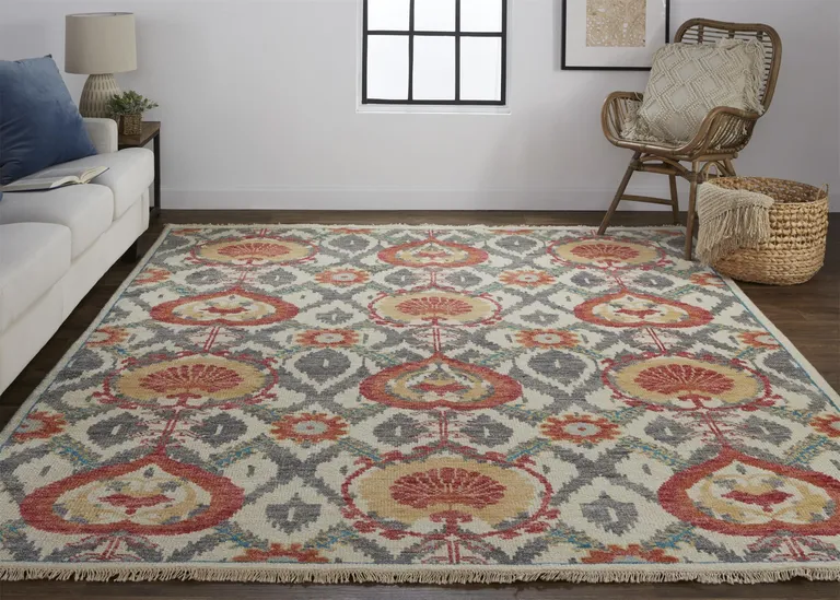 Orange And Gray Wool Floral Hand Knotted Stain Resistant Area Rug Photo 5