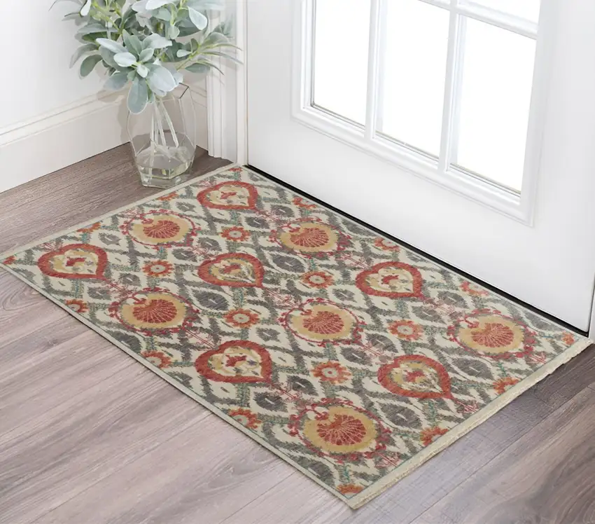 Orange and Ivory Wool Floral Hand Knotted Area Rug Photo 2