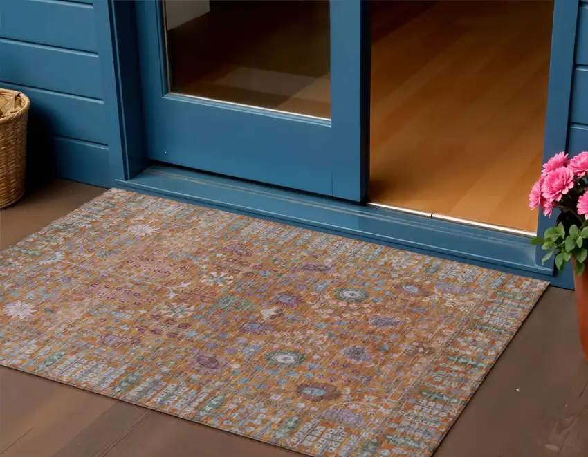 Orange And Green Floral Washable Indoor Outdoor Area Rug Photo 1