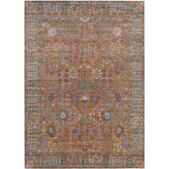 Orange And Green Floral Washable Indoor Outdoor Area Rug Photo 2