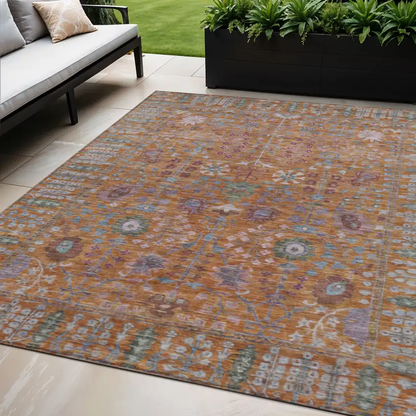 Orange And Green Floral Washable Indoor Outdoor Area Rug Photo 1