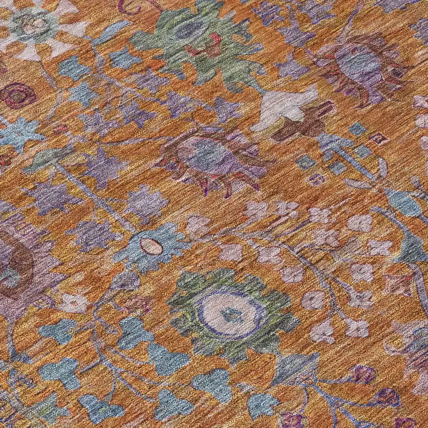 Orange And Green Floral Washable Indoor Outdoor Area Rug Photo 6