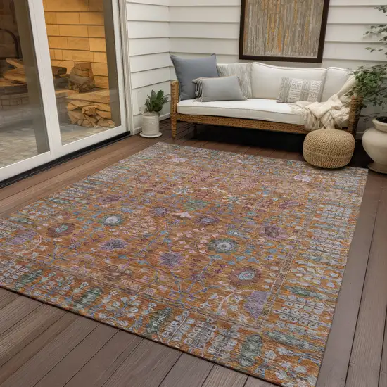 Orange And Green Floral Washable Indoor Outdoor Area Rug Photo 9