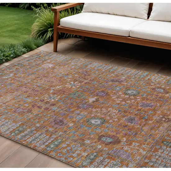 Orange And Green Floral Washable Indoor Outdoor Area Rug Photo 1