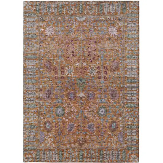 Orange And Green Floral Washable Indoor Outdoor Area Rug Photo 5