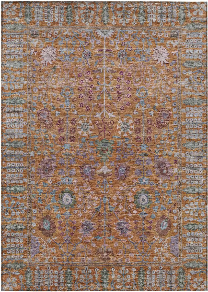 Orange And Green Floral Washable Indoor Outdoor Area Rug Photo 2