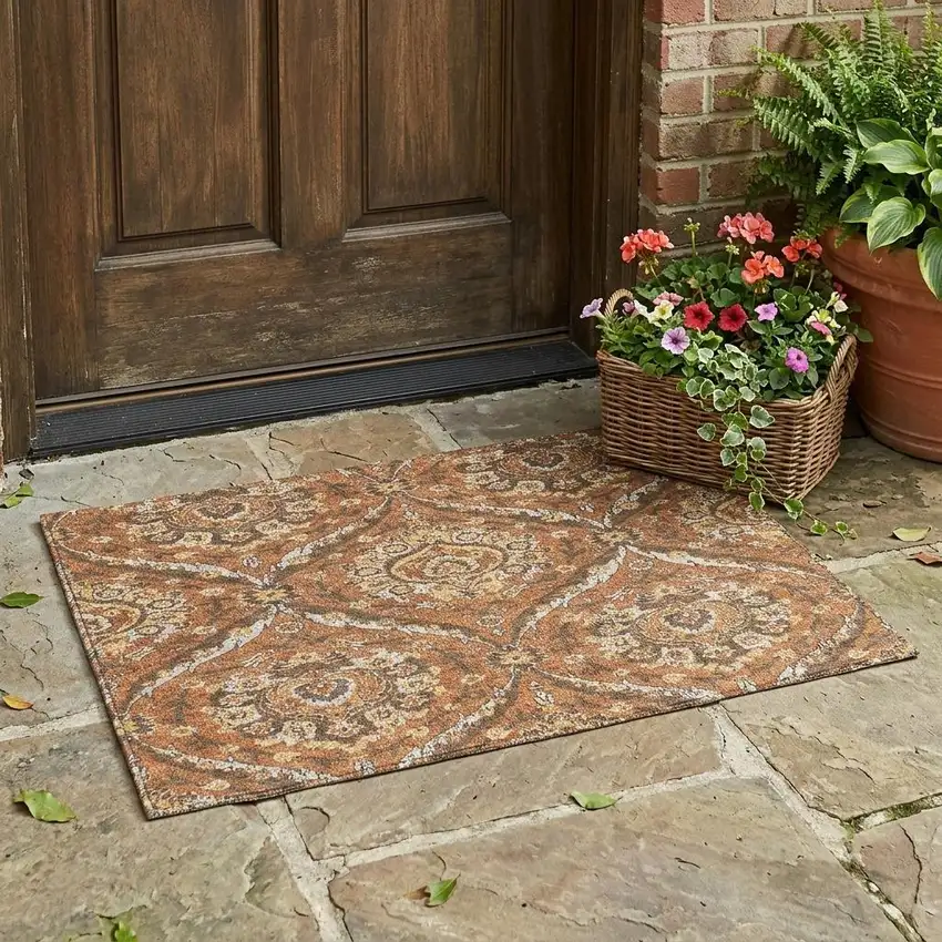 Orange And Green Floral Washable Indoor Outdoor Area Rug Photo 1