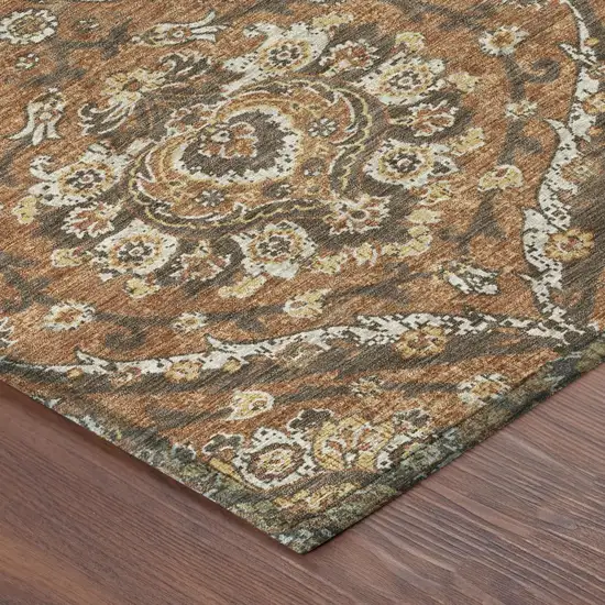 Orange And Green Floral Washable Indoor Outdoor Area Rug Photo 5