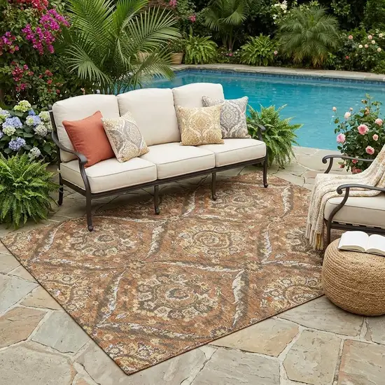 Orange And Green Floral Washable Indoor Outdoor Area Rug Photo 1