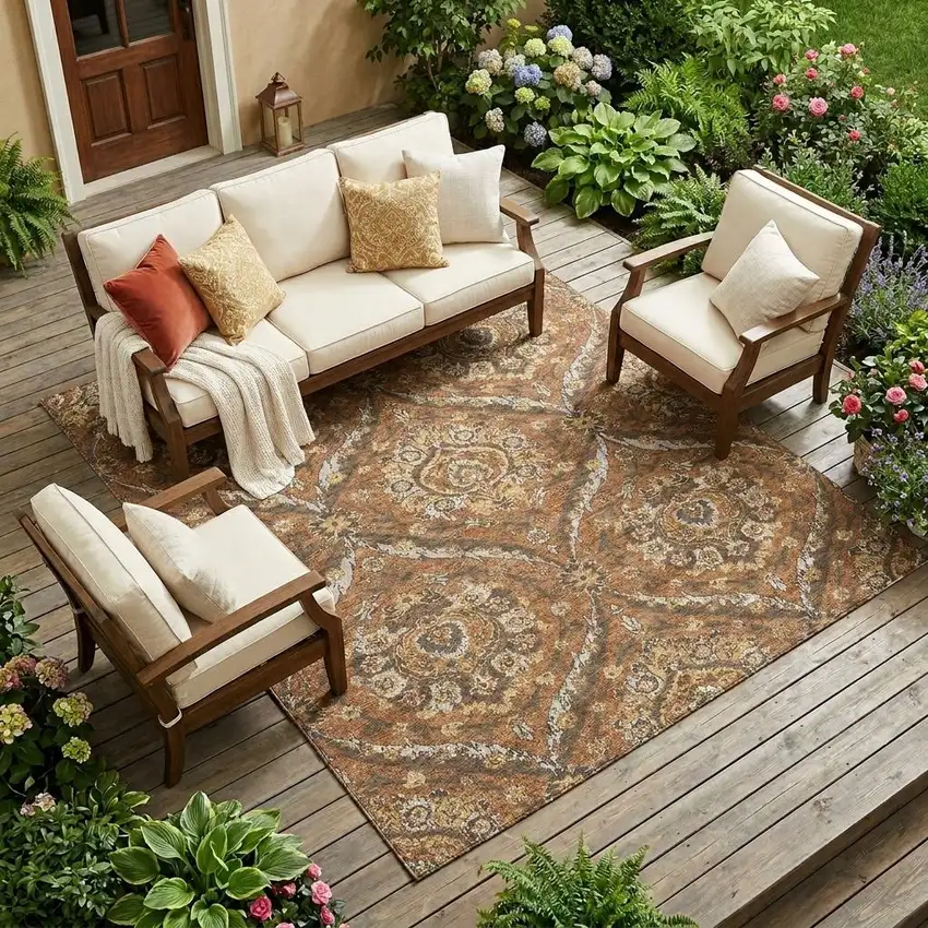 Orange And Green Floral Washable Indoor Outdoor Area Rug Photo 1