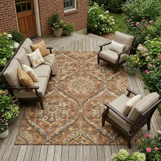 Orange And Green Floral Washable Indoor Outdoor Area Rug Photo 1