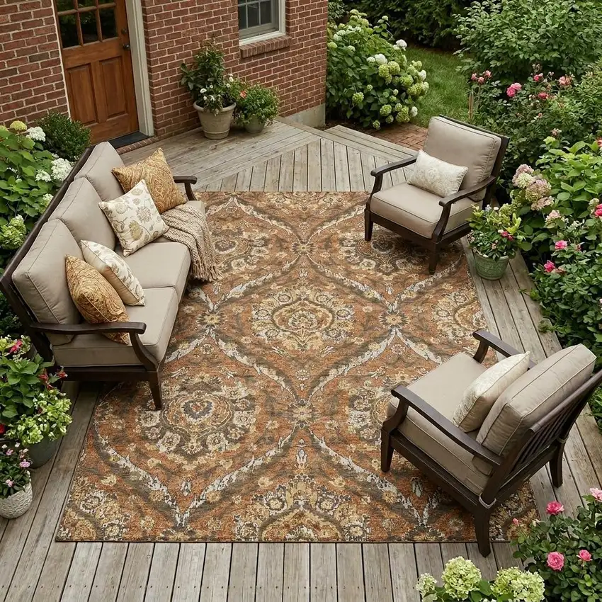 Orange And Green Floral Washable Indoor Outdoor Area Rug Photo 1
