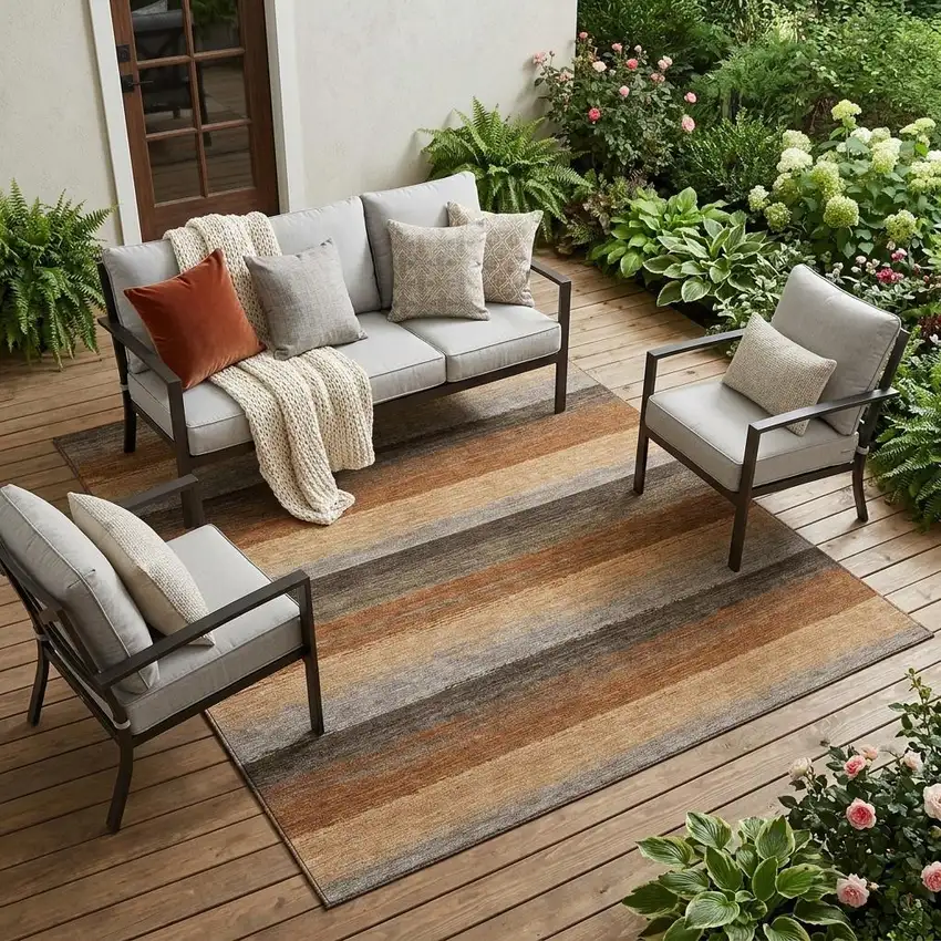 Orange And Green Striped Washable Indoor Outdoor Area Rug Photo 1