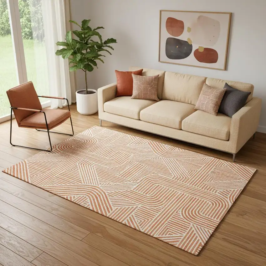 Orange And Ivory Abstract Geometric Washable Area Rug With UV Protection Photo 1